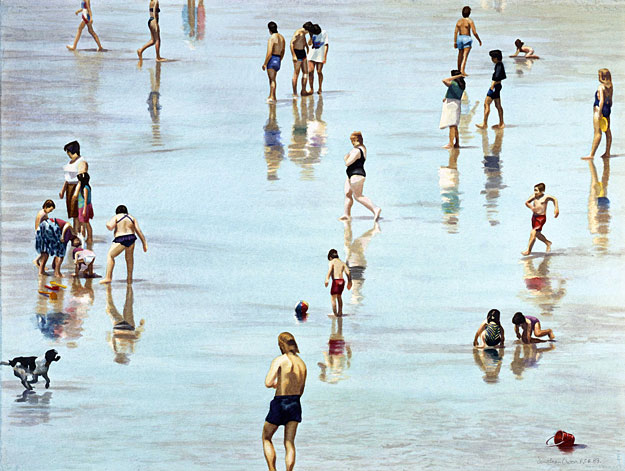 Watercolour and prints of Santa Monica beach with bathers,bucket and dog.